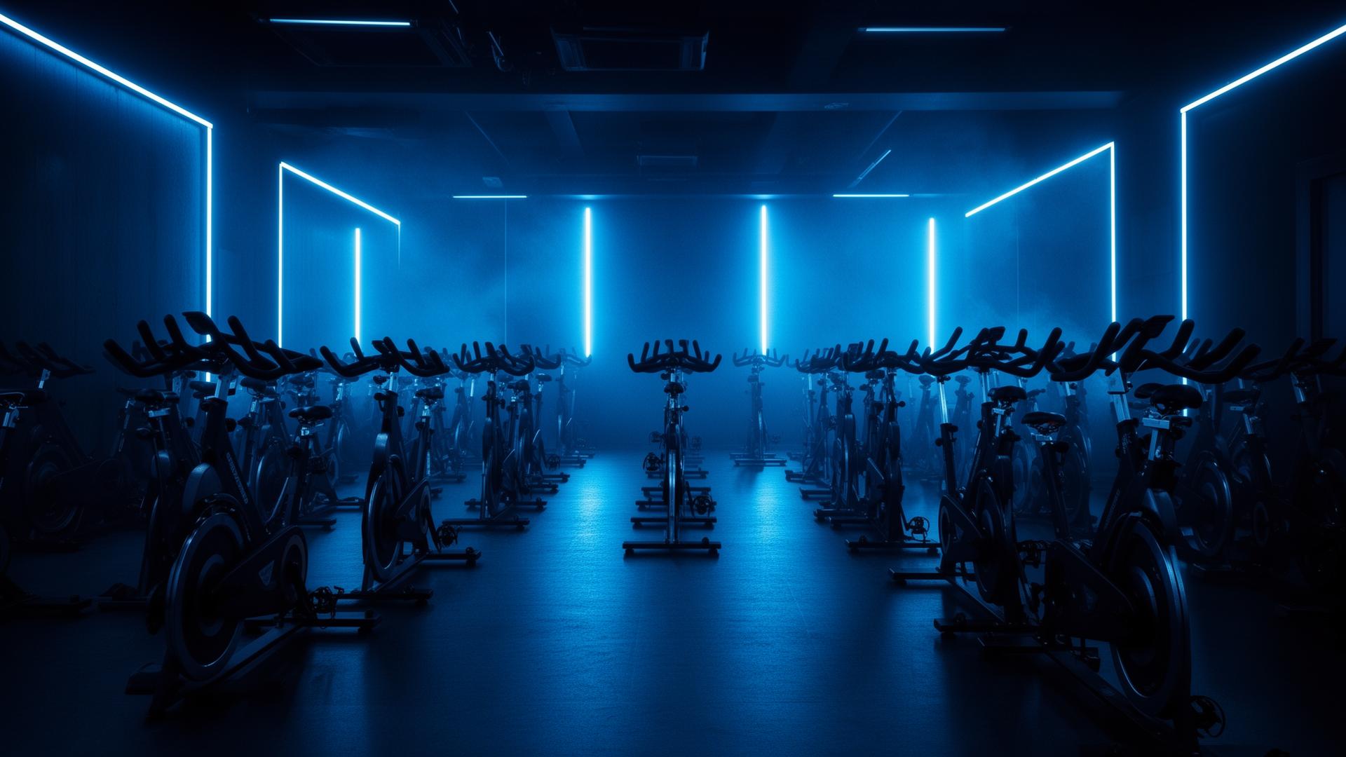 Indoor cycling studio at XT Cycling Studio in Atascocita TX lit with neon blue